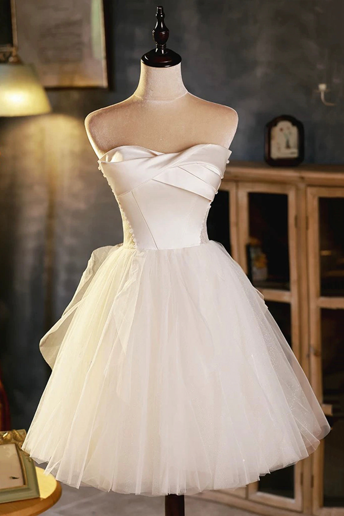 Charming Ivory Short Party Dresses A-Line Strapless Satin Tulle Prom Evening Dress