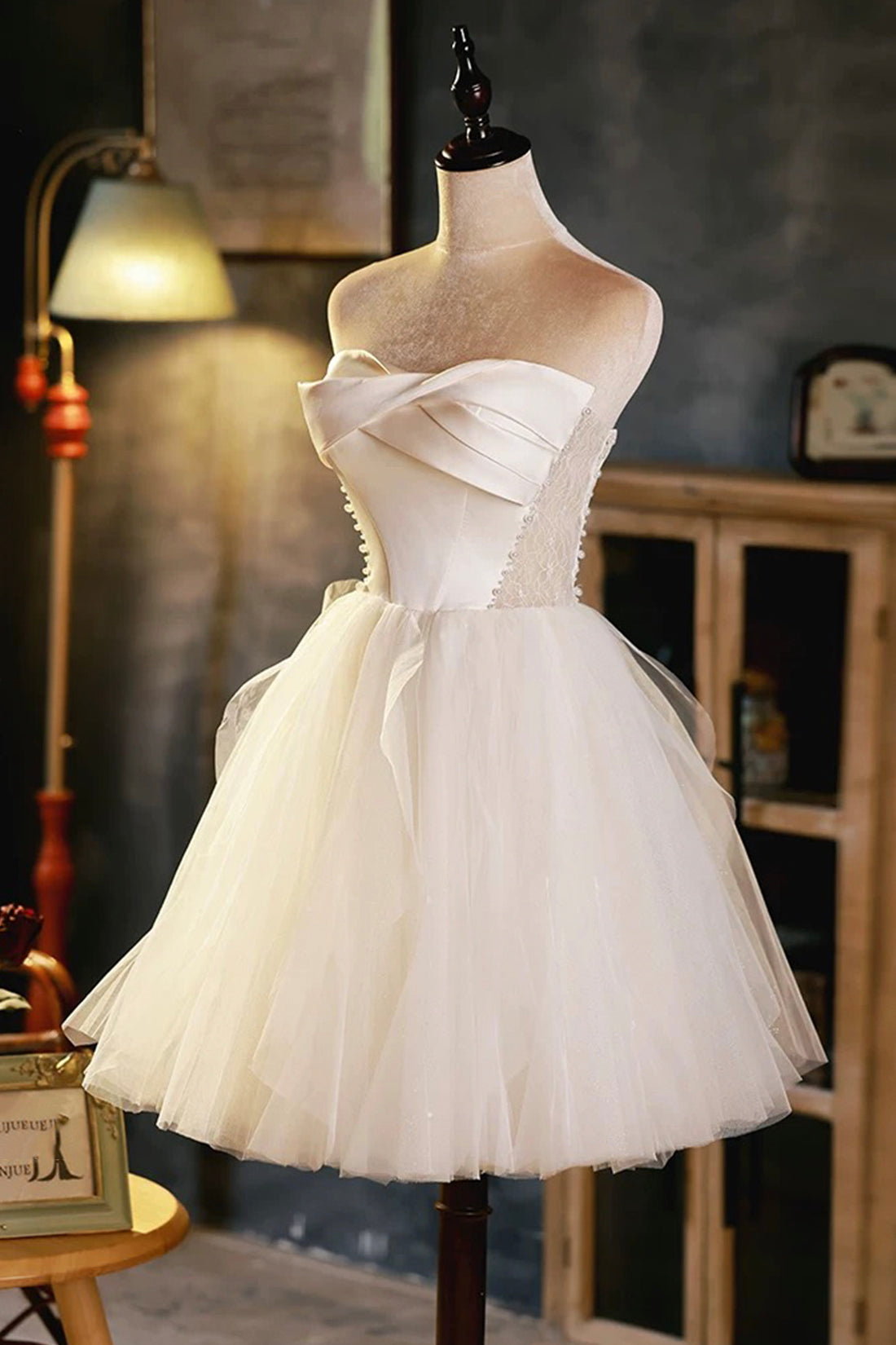 Charming Ivory Short Party Dresses A-Line Strapless Satin Tulle Prom Evening Dress