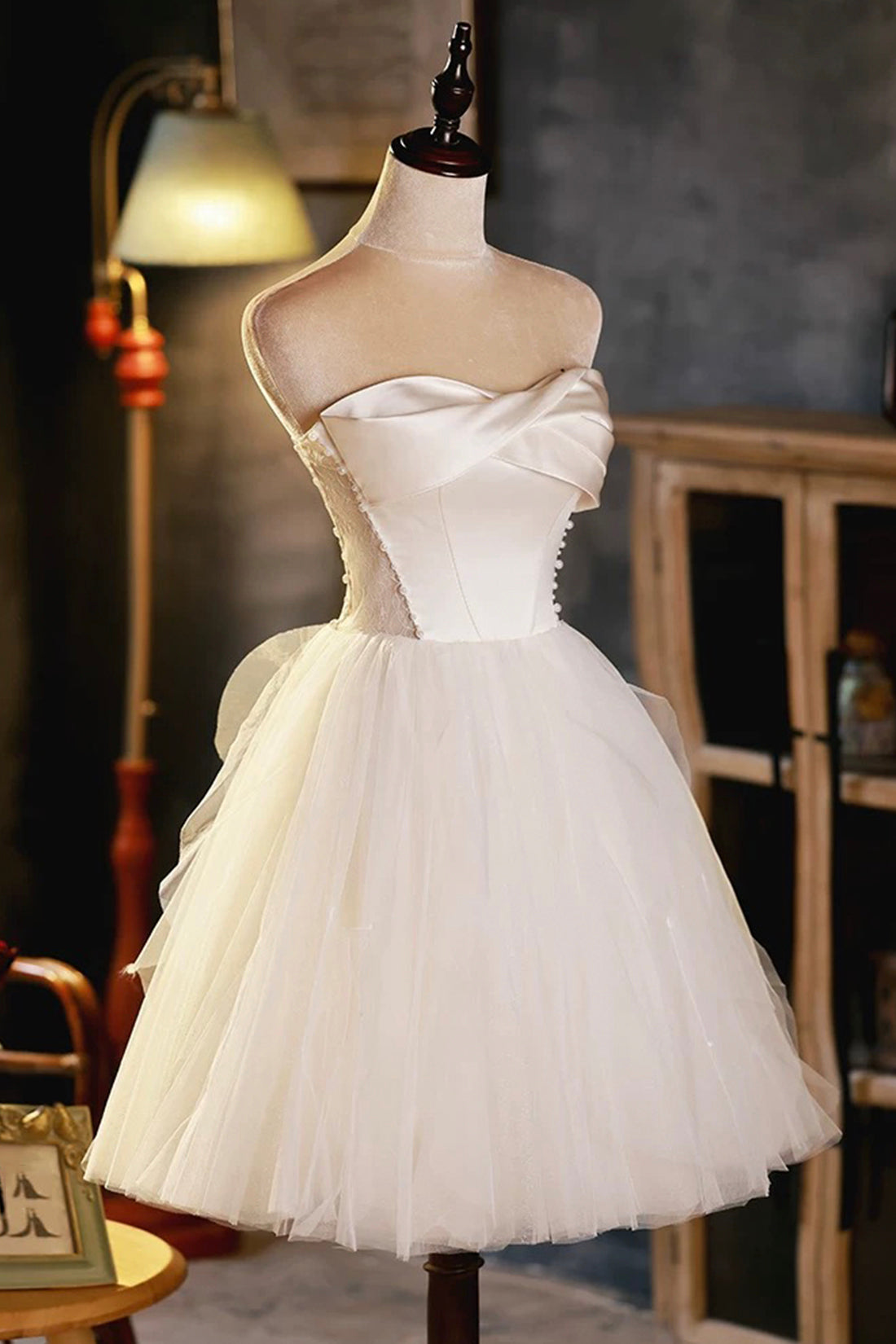 Charming Ivory Short Party Dresses A-Line Strapless Satin Tulle Prom Evening Dress