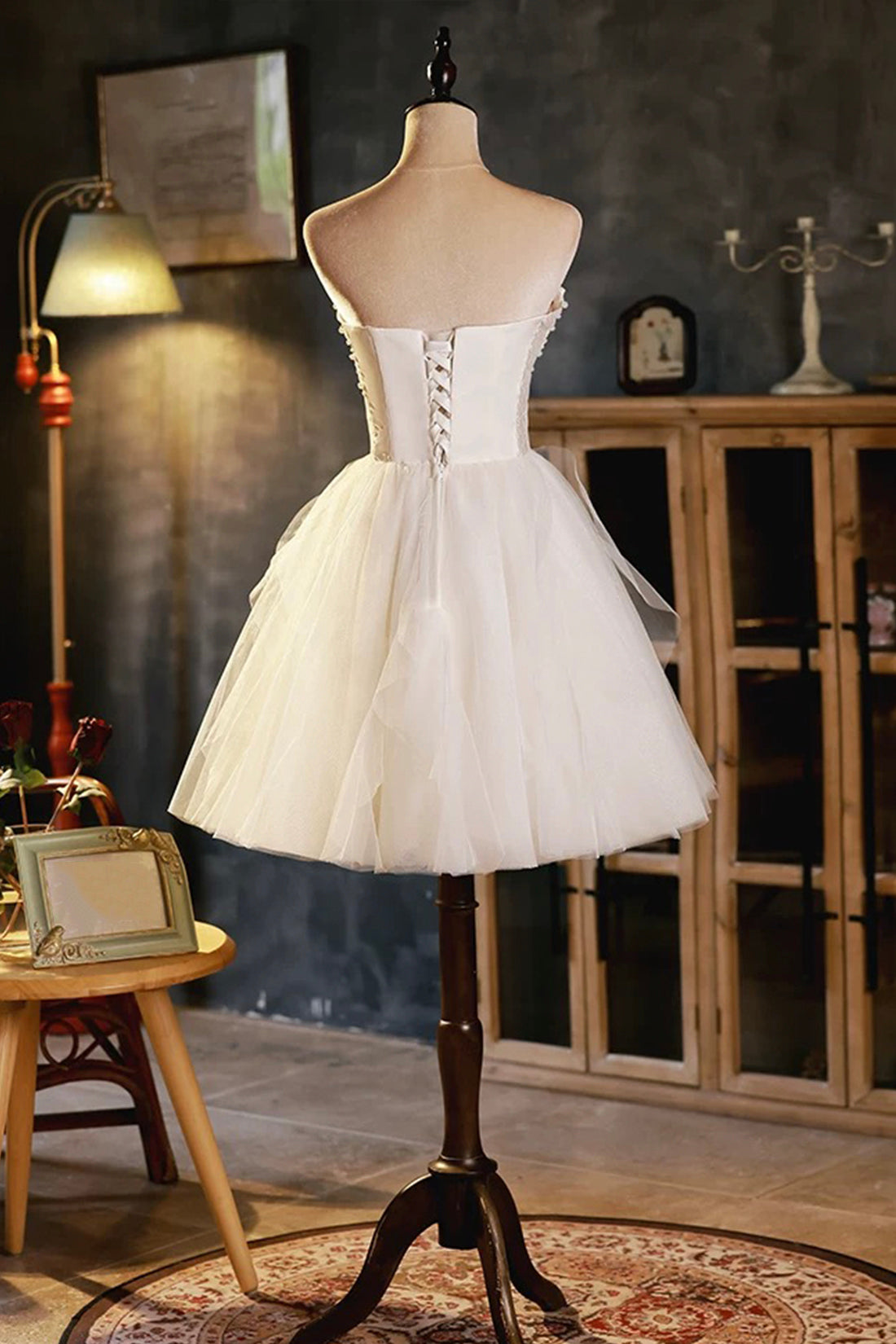 Charming Ivory Short Party Dresses A-Line Strapless Satin Tulle Prom Evening Dress