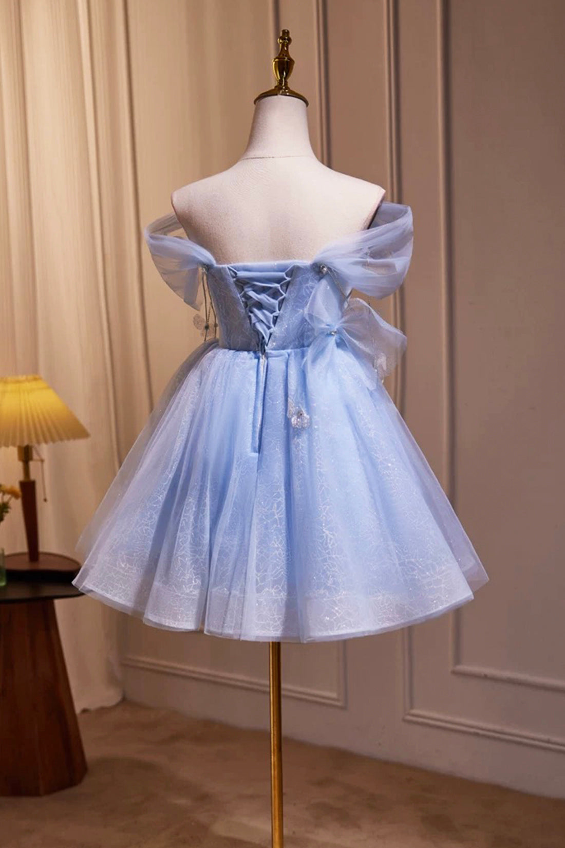 Sky Blue Short Homecoming Dress Off Shoulder Pearl Mini Cocktail Party Dress