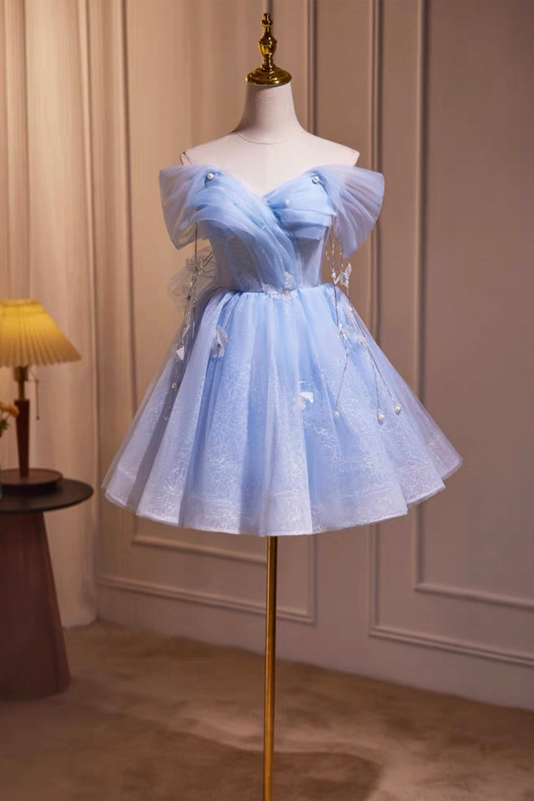 Sky Blue Short Homecoming Dress Off Shoulder Pearl Mini Cocktail Party Dress