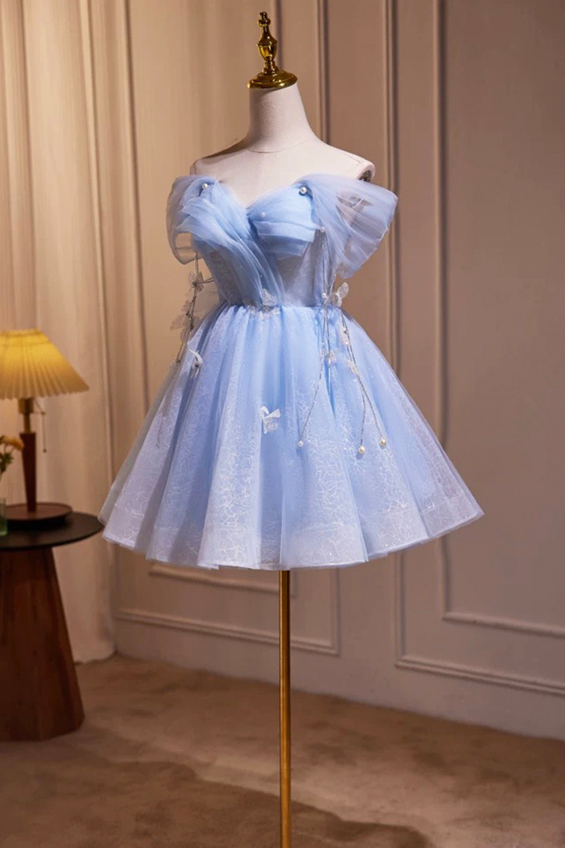 Sky Blue Short Homecoming Dress Off Shoulder Pearl Mini Cocktail Party Dress