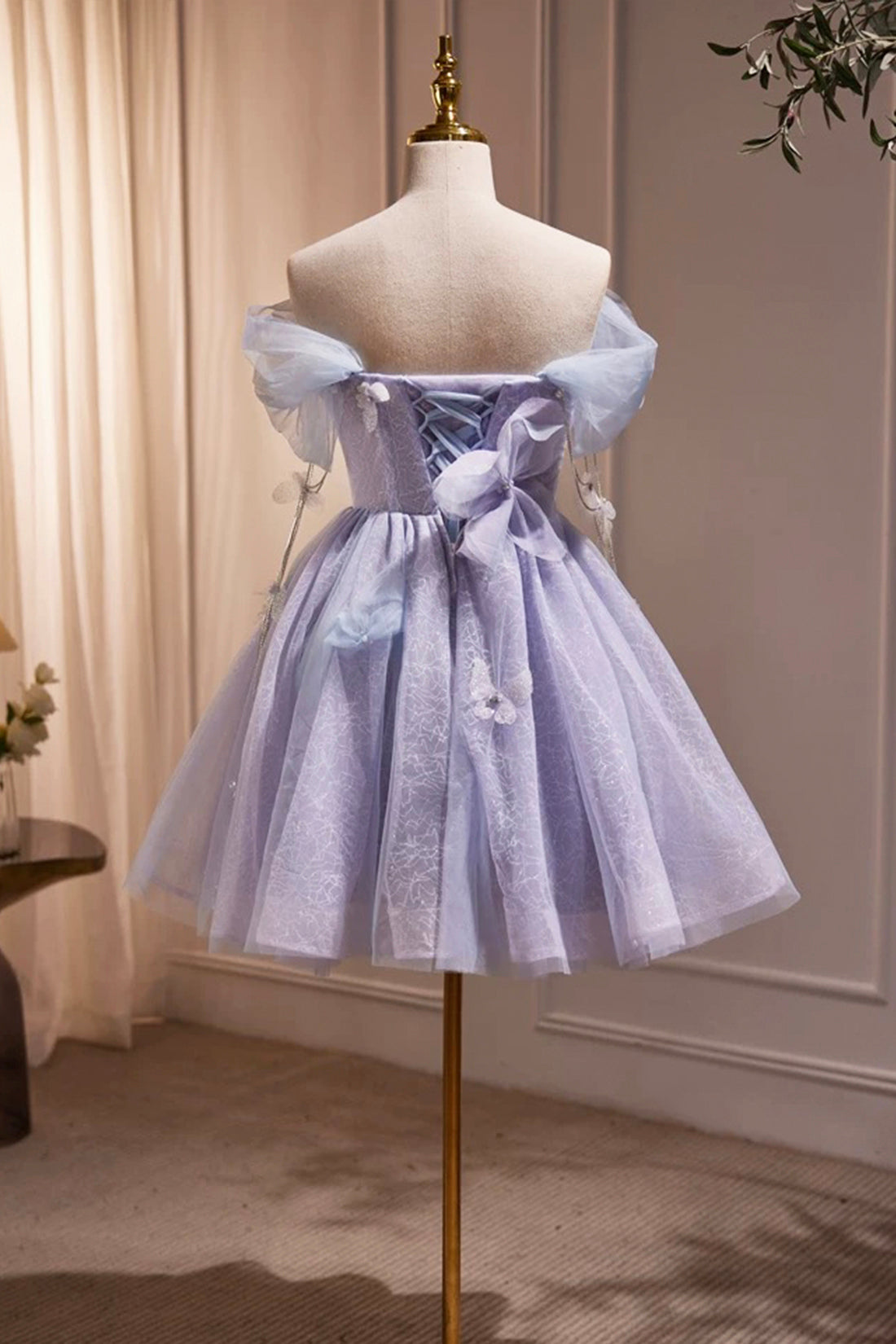 Sky Purple Short Homecoming Dress Off Shoulder Pearl Mini Cocktail Party Dress