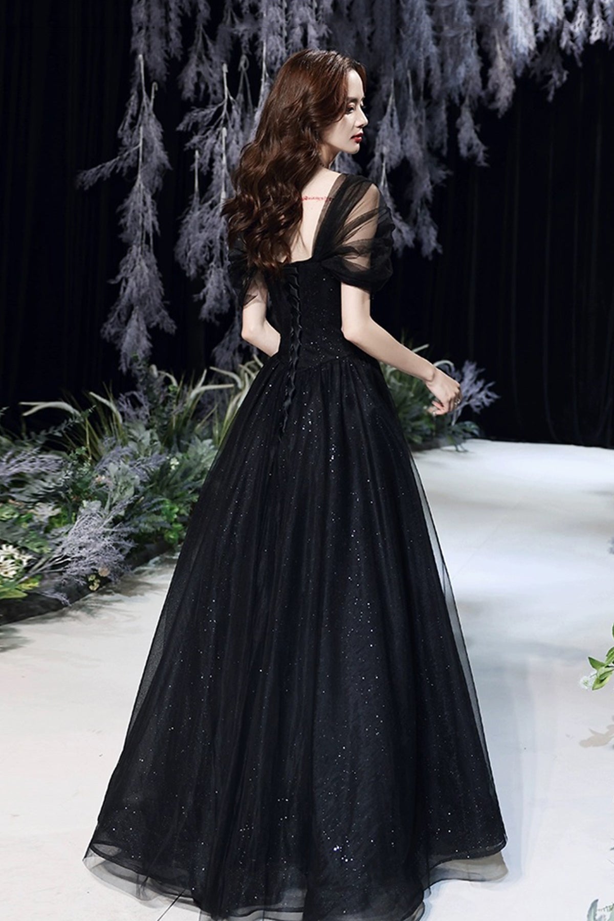 Black Corset Evening Dress Black Princess Formal Dress A-Line Glitter Tulle Prom Party Dress