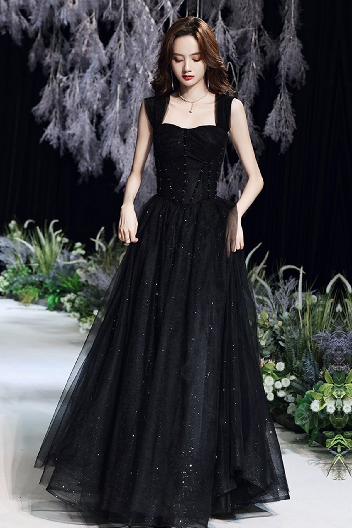 Black Corset Evening Dress Black Princess Formal Dress A-Line Glitter Tulle Prom Party Dress