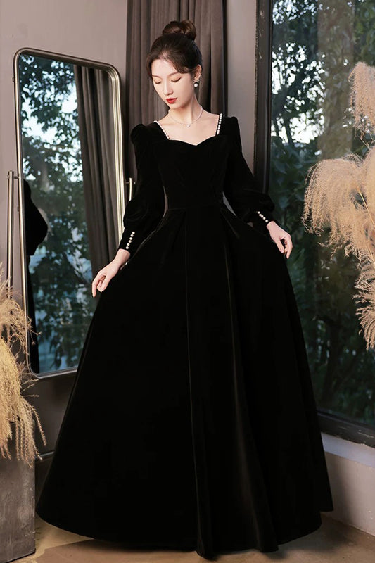 Black Party Dress Elegant Velvet Evening Dress Long Sleeve Floor Length Formal Dress