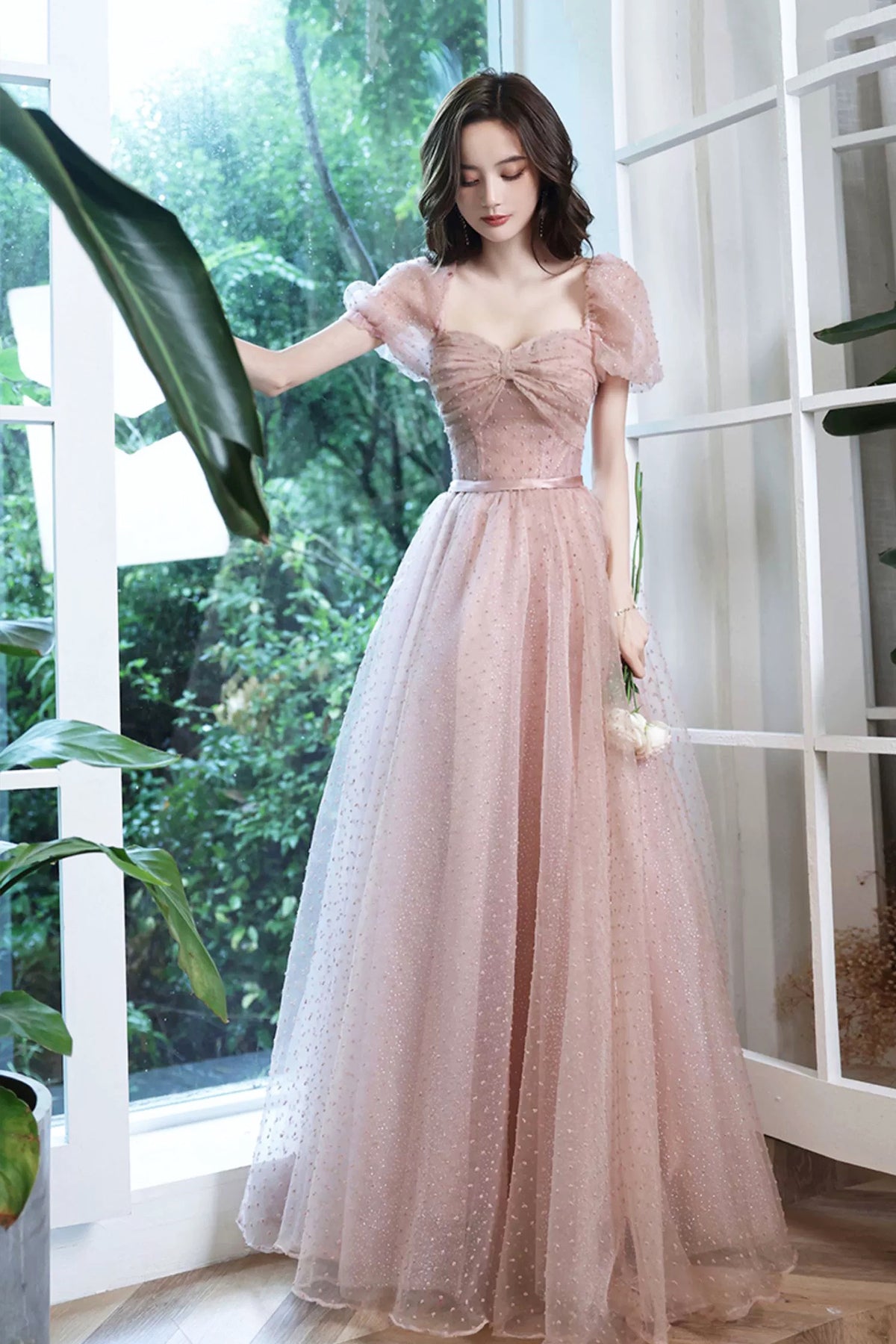 Shiny Pink Evening Dress Temperament Square Collar Sweet Bow Pleated Princess Bubble Sleeve A-Line Prom Dress