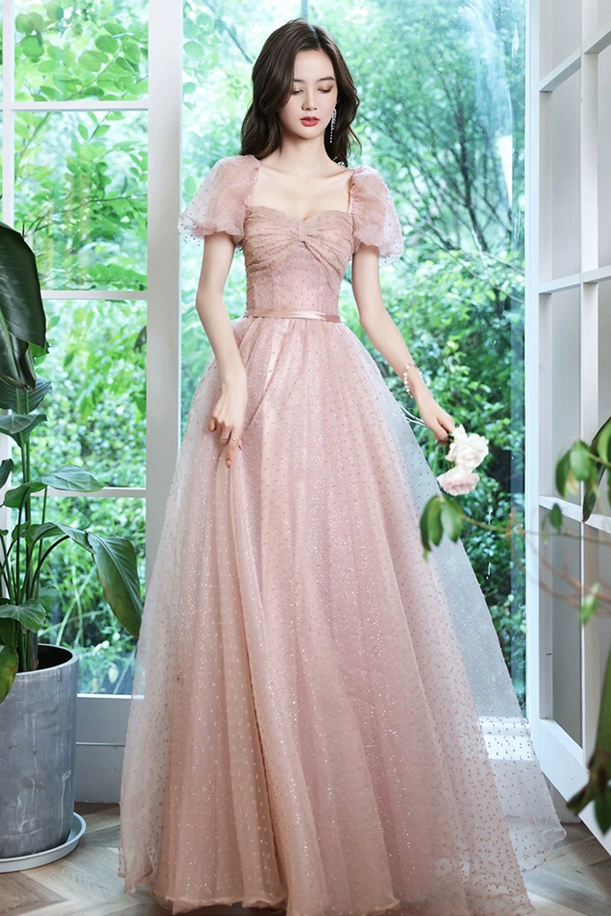 Shiny Pink Evening Dress Temperament Square Collar Sweet Bow Pleated Princess Bubble Sleeve A-Line Prom Dress