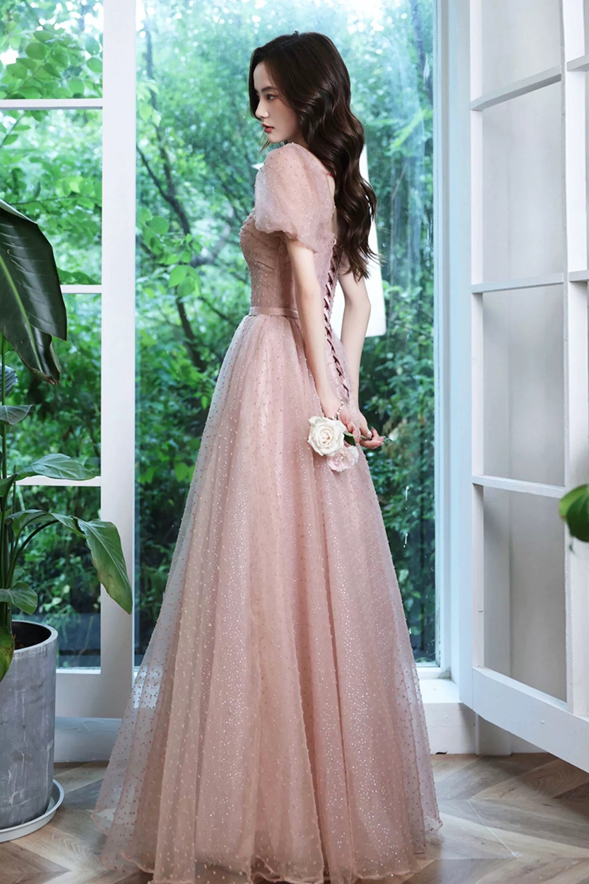 Shiny Pink Evening Dress Temperament Square Collar Sweet Bow Pleated Princess Bubble Sleeve A-Line Prom Dress