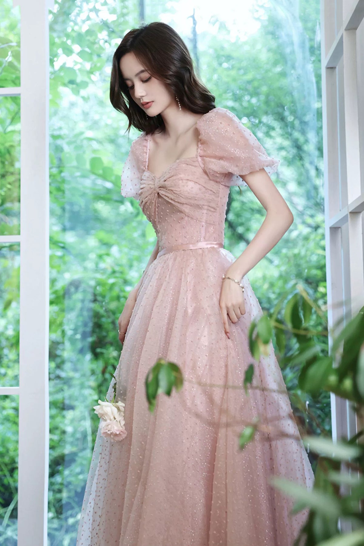 Shiny Pink Evening Dress Temperament Square Collar Sweet Bow Pleated Princess Bubble Sleeve A-Line Prom Dress