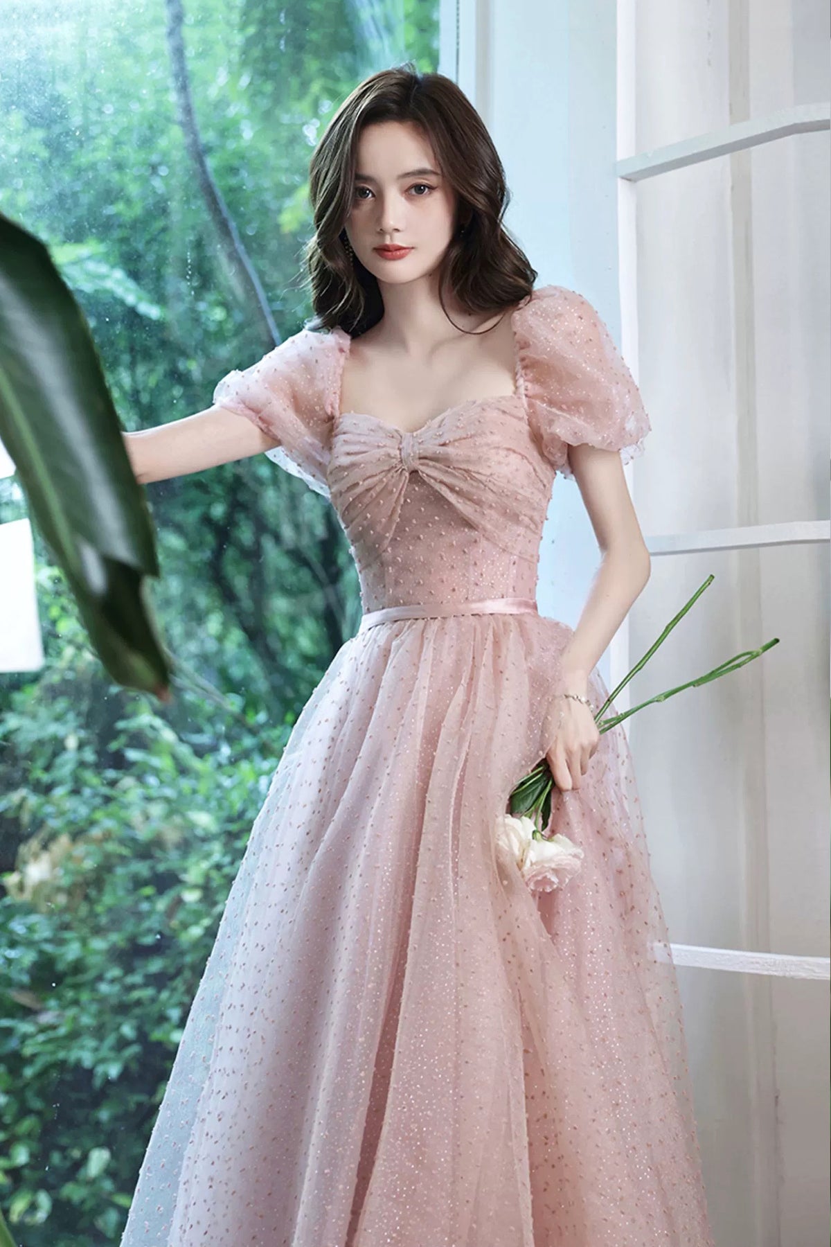 Shiny Pink Evening Dress Temperament Square Collar Sweet Bow Pleated Princess Bubble Sleeve A-Line Prom Dress