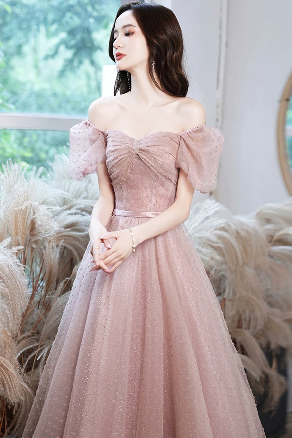 Shiny Pink Evening Dress Temperament Square Collar Sweet Bow Pleated Princess Bubble Sleeve A-Line Prom Dress