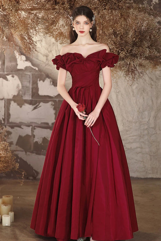 Burgundy Evening Dress Burgundy Princess Formal Dress A-Line Off Shoulder Satin Prom Party Dress