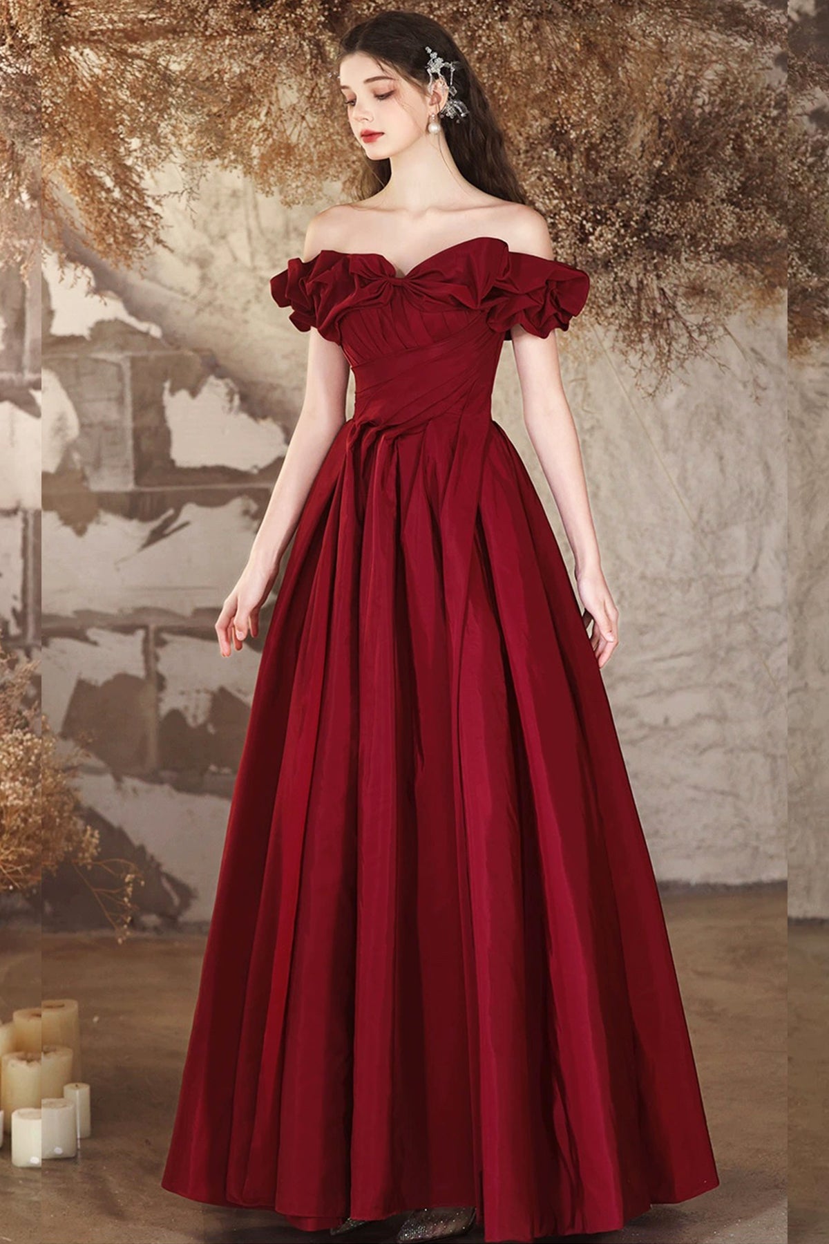 Burgundy Evening Dress Burgundy Princess Formal Dress A-Line Off Shoulder Satin Prom Party Dress