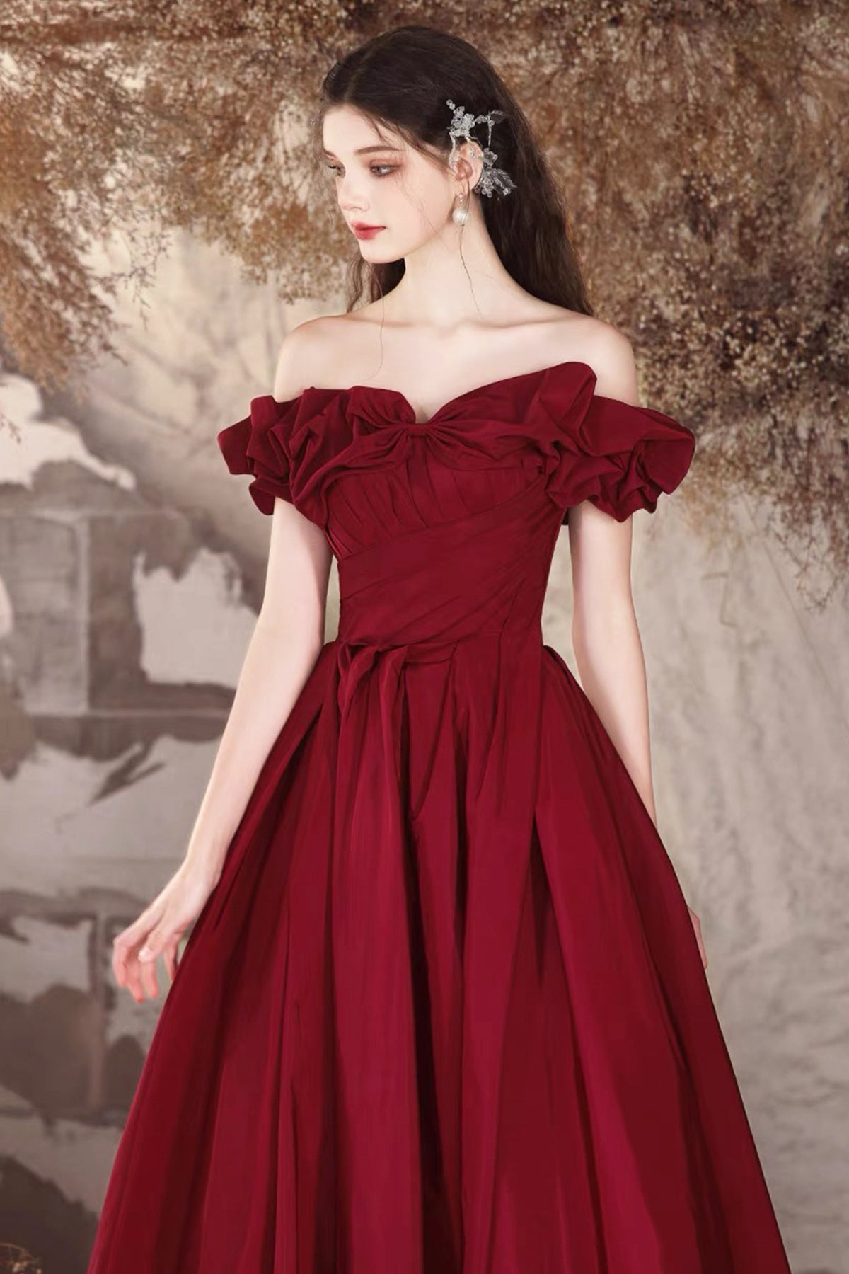 Burgundy Evening Dress Burgundy Princess Formal Dress A-Line Off Shoulder Satin Prom Party Dress