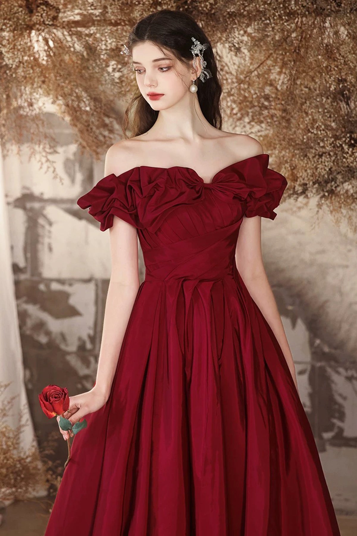 Burgundy Evening Dress Burgundy Princess Formal Dress A-Line Off Shoulder Satin Prom Party Dress