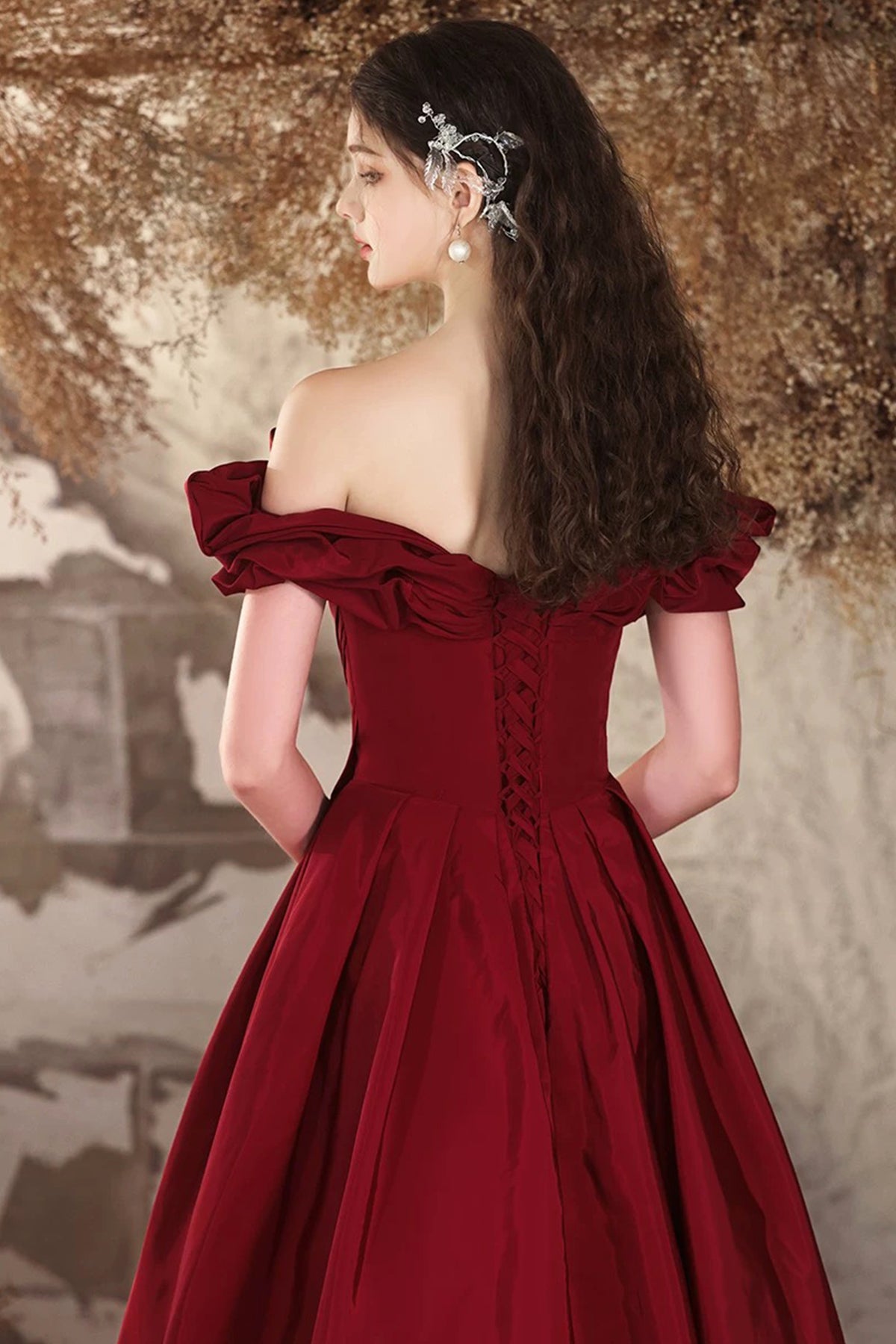 Burgundy Evening Dress Burgundy Princess Formal Dress A-Line Off Shoulder Satin Prom Party Dress