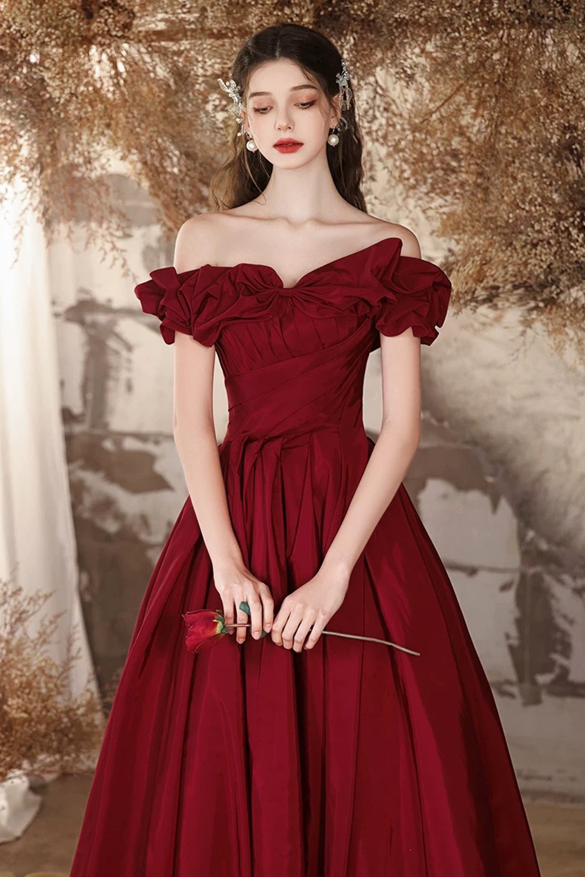 Burgundy Evening Dress Burgundy Princess Formal Dress A-Line Off Shoulder Satin Prom Party Dress