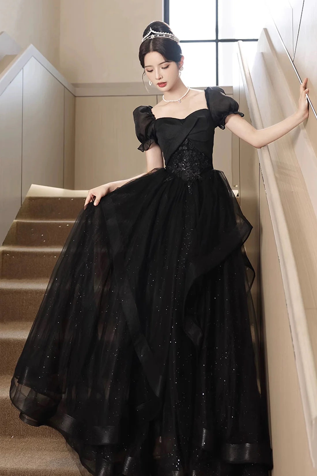 Black Corset Evening Dress Black Princess Formal Dress A-Line Glitter Tulle Prom Party Gown