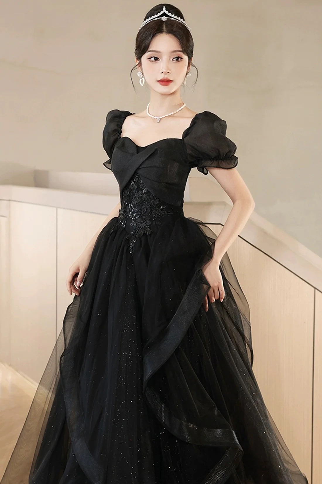 Black Corset Evening Dress Black Princess Formal Dress A-Line Glitter Tulle Prom Party Gown