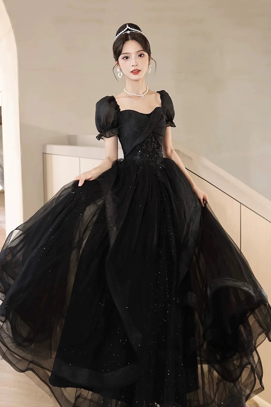 Black Corset Evening Dress Black Princess Formal Dress A-Line Glitter Tulle Prom Party Gown