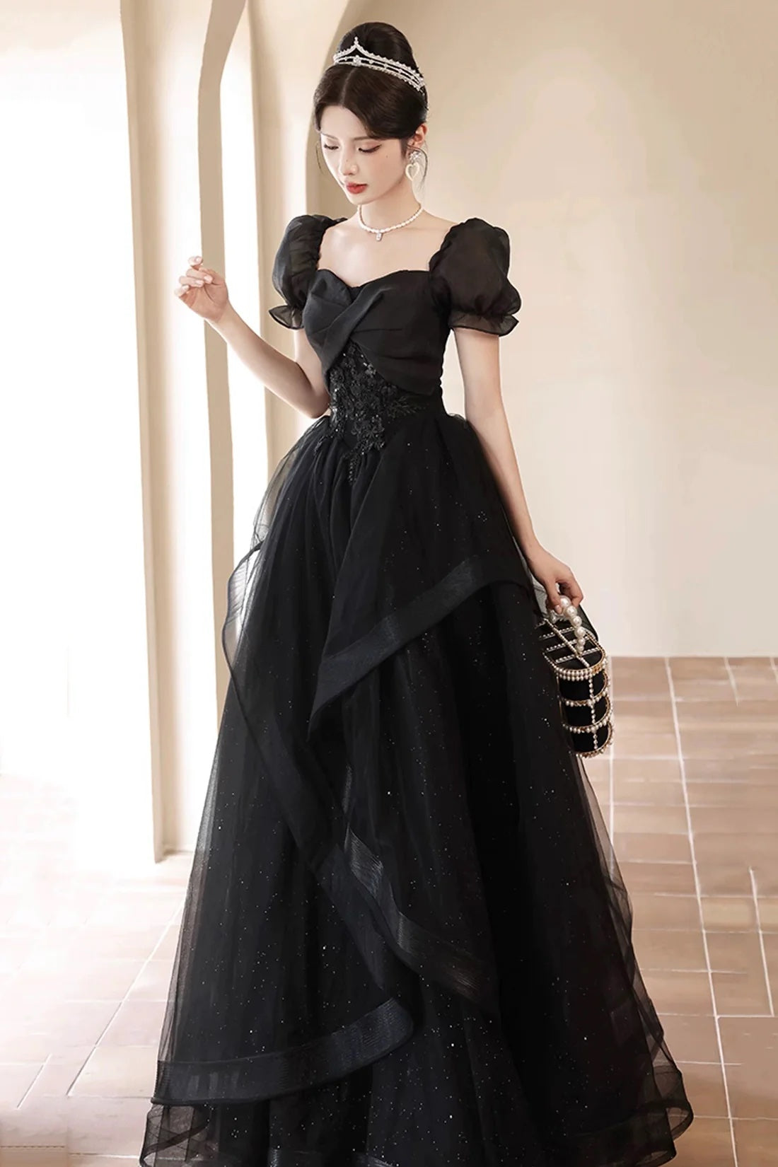 Black Corset Evening Dress Black Princess Formal Dress A-Line Glitter Tulle Prom Party Gown