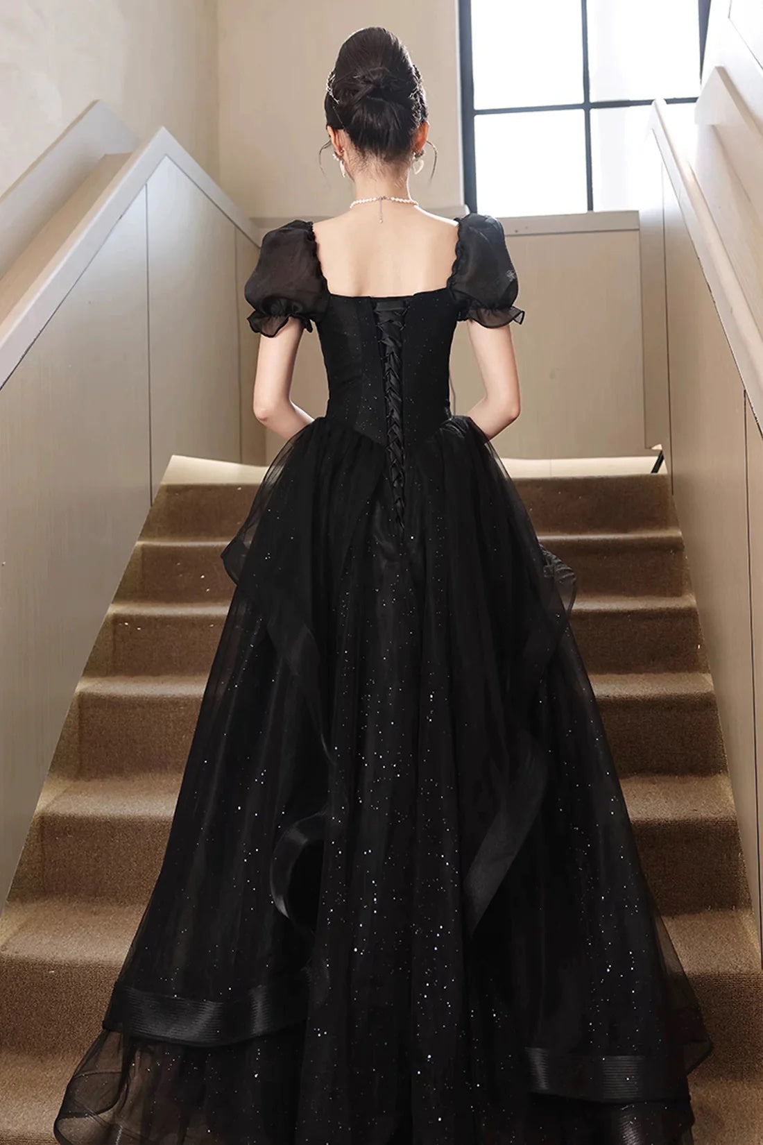 Black Corset Evening Dress Black Princess Formal Dress A-Line Glitter Tulle Prom Party Gown