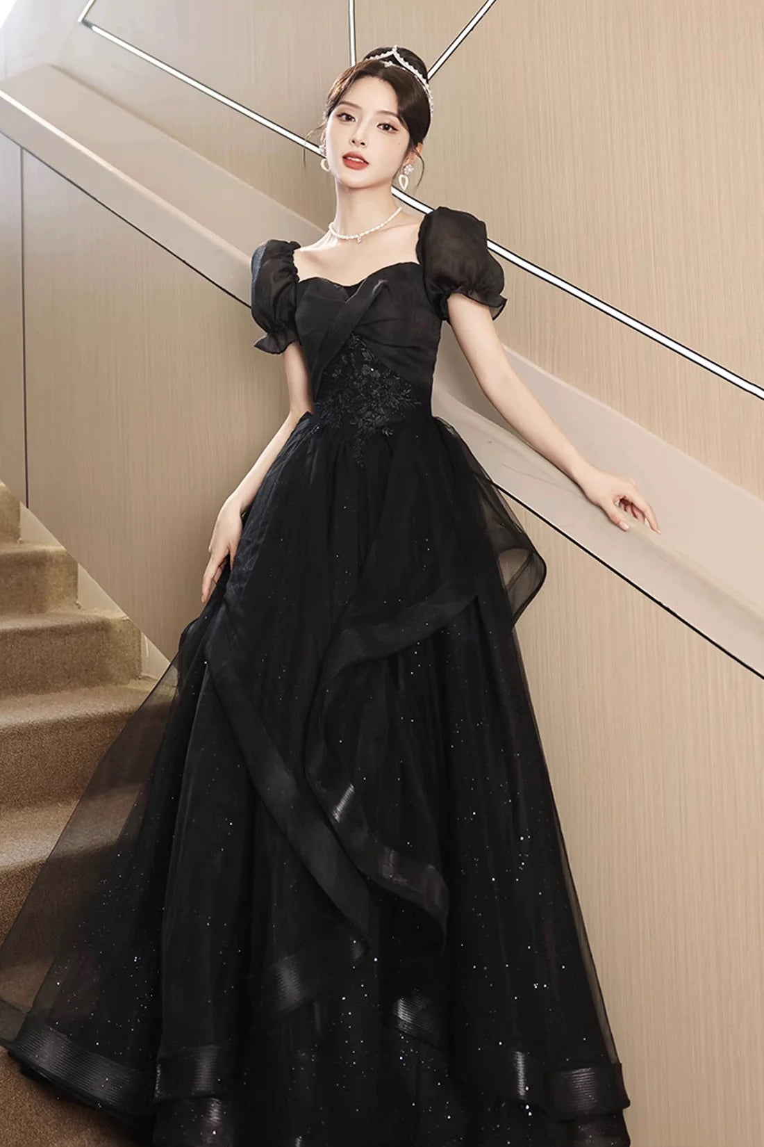 Black Corset Evening Dress Black Princess Formal Dress A-Line Glitter Tulle Prom Party Gown