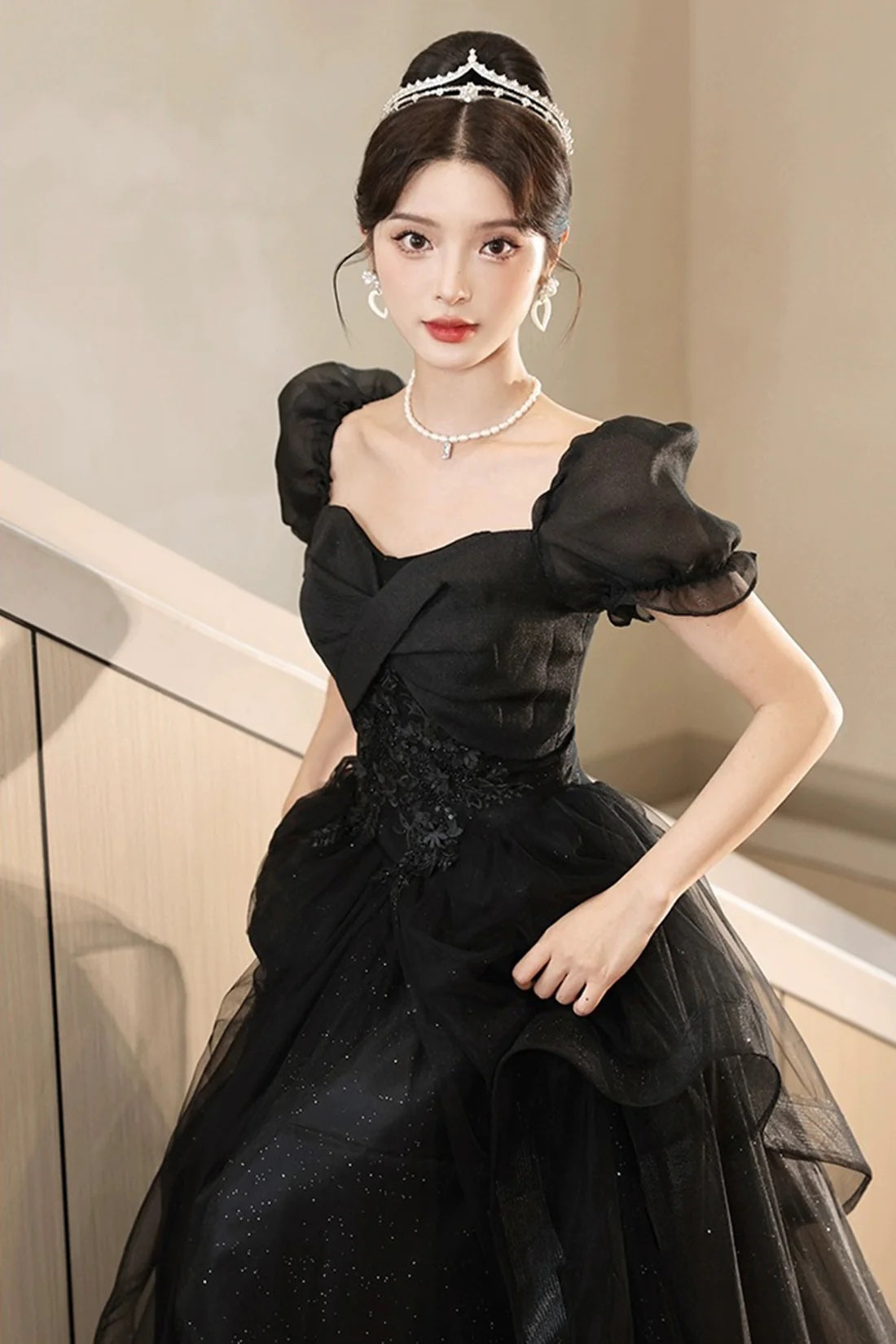 Black Corset Evening Dress Black Princess Formal Dress A-Line Glitter Tulle Prom Party Gown