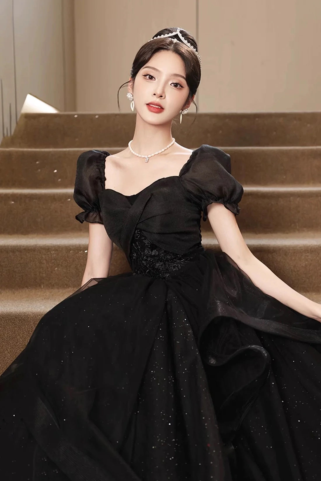 Black Corset Evening Dress Black Princess Formal Dress A-Line Glitter Tulle Prom Party Gown