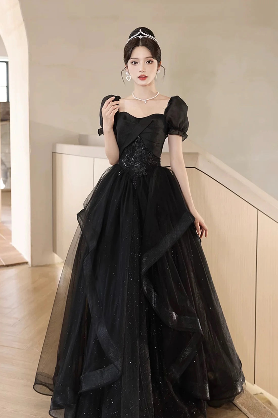 Black Corset Evening Dress Black Princess Formal Dress A-Line Glitter Tulle Prom Party Gown