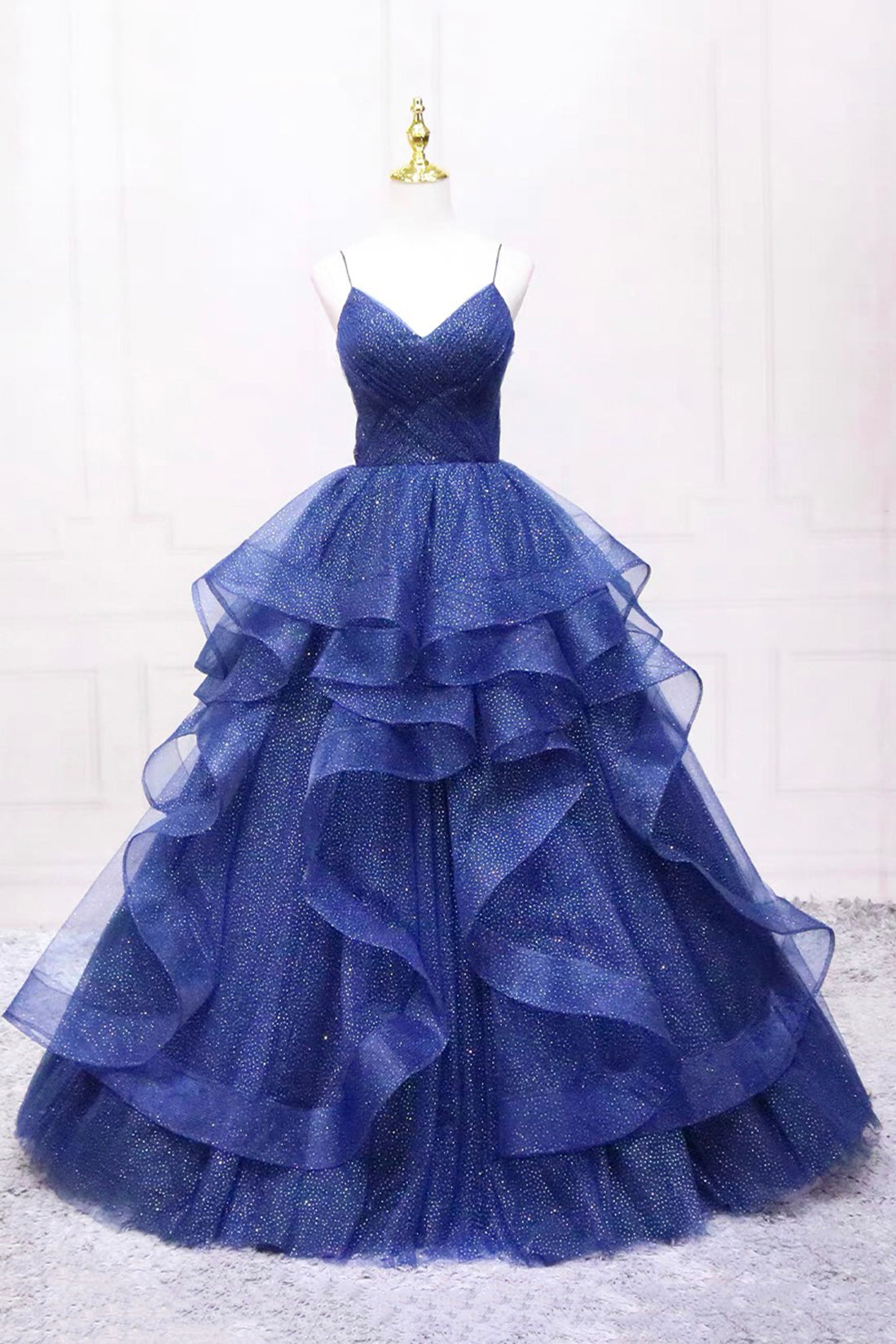 Blue V-Neck Layered Glitter Tulle Prom Dress Spaghetti Strap Floor Length V-Neck Evening Party Dress