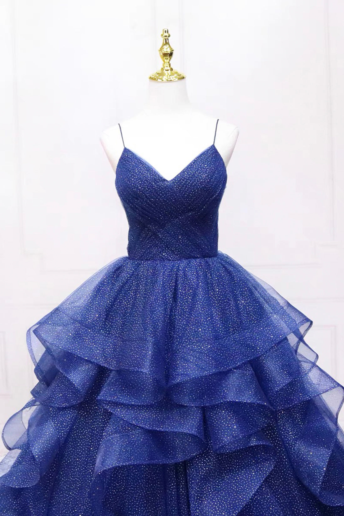 Blue V-Neck Layered Glitter Tulle Prom Dress Spaghetti Strap Floor Length V-Neck Evening Party Dress