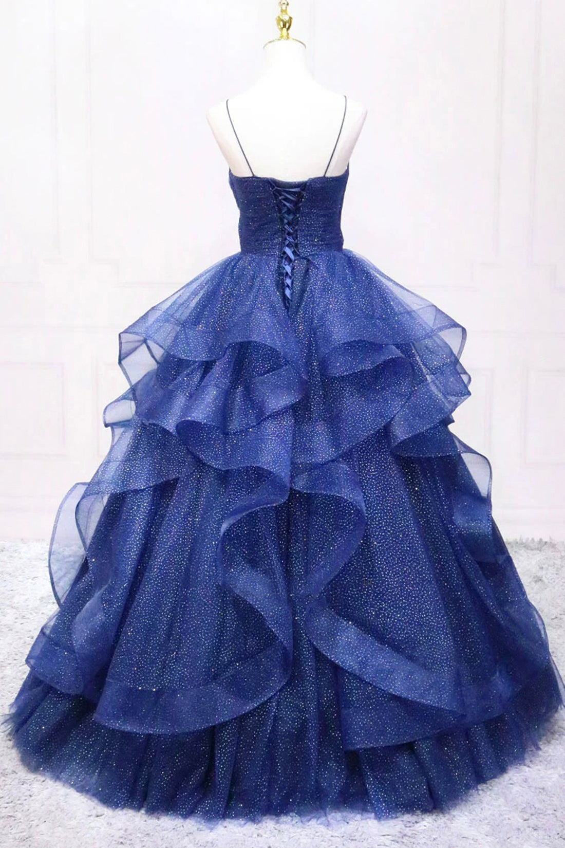 Blue V-Neck Layered Glitter Tulle Prom Dress Spaghetti Strap Floor Length V-Neck Evening Party Dress