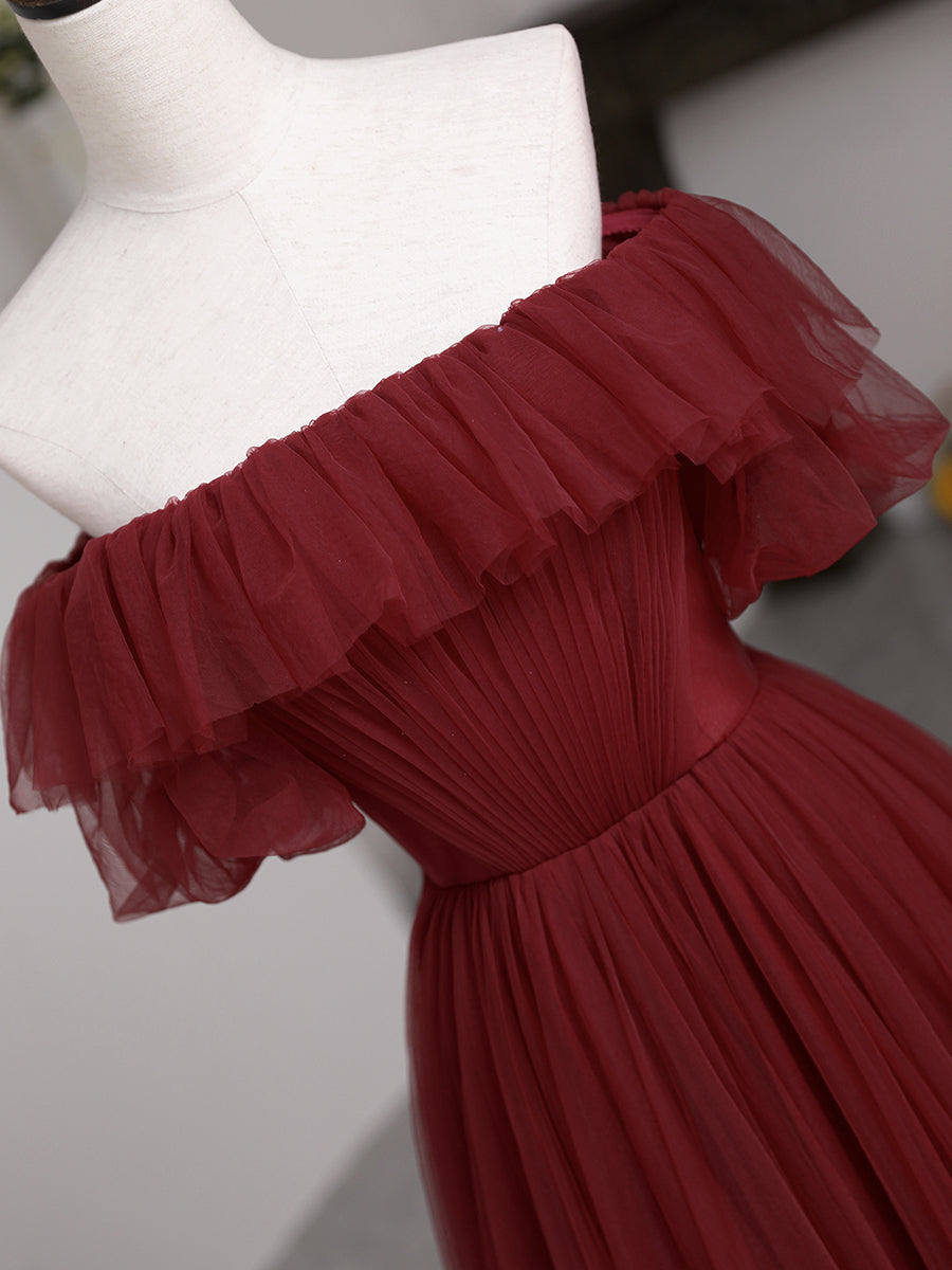 Burgundy Tulle Long Prom Dress, Beautiful A-Line Evening Party Dress