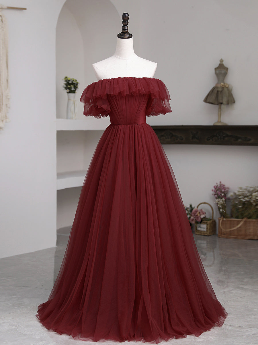 Burgundy Tulle Long Prom Dress, Beautiful A-Line Evening Party Dress